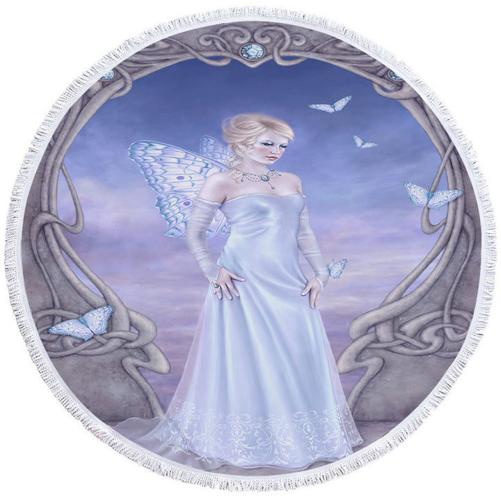 Girly Round Beach Towel with Butterflies and White Diamond Butterfly Girl