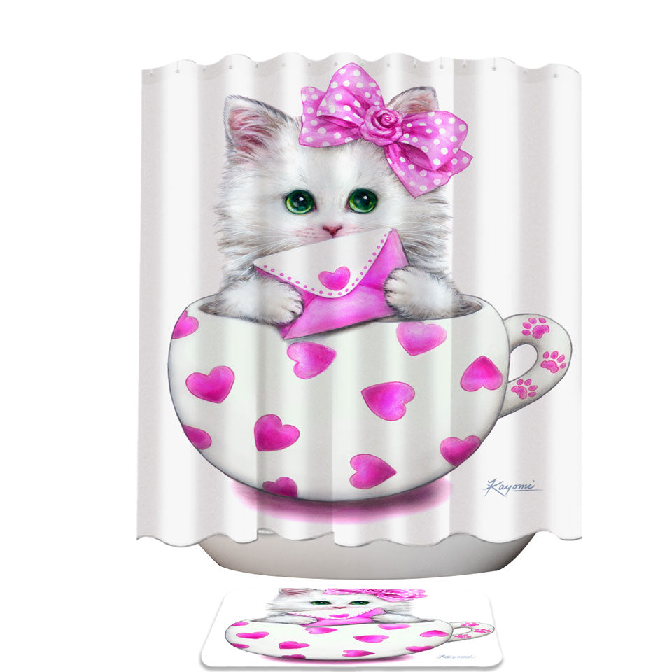 Girly Shower Curtains Cat Art Drawings the Hearts Cup Kitty