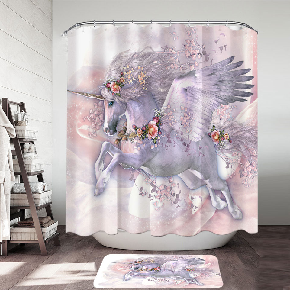 Girly Shower Curtains Spring Flight Rosy Roses and Unicorn Pegasus