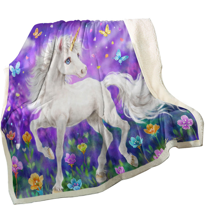 Girly Throw Blankets Fantasy Designs Butterflies and Unicorn