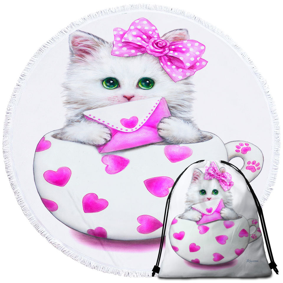 Girly Travel Beach Towel Cat Art Drawings the Hearts Cup Kitty