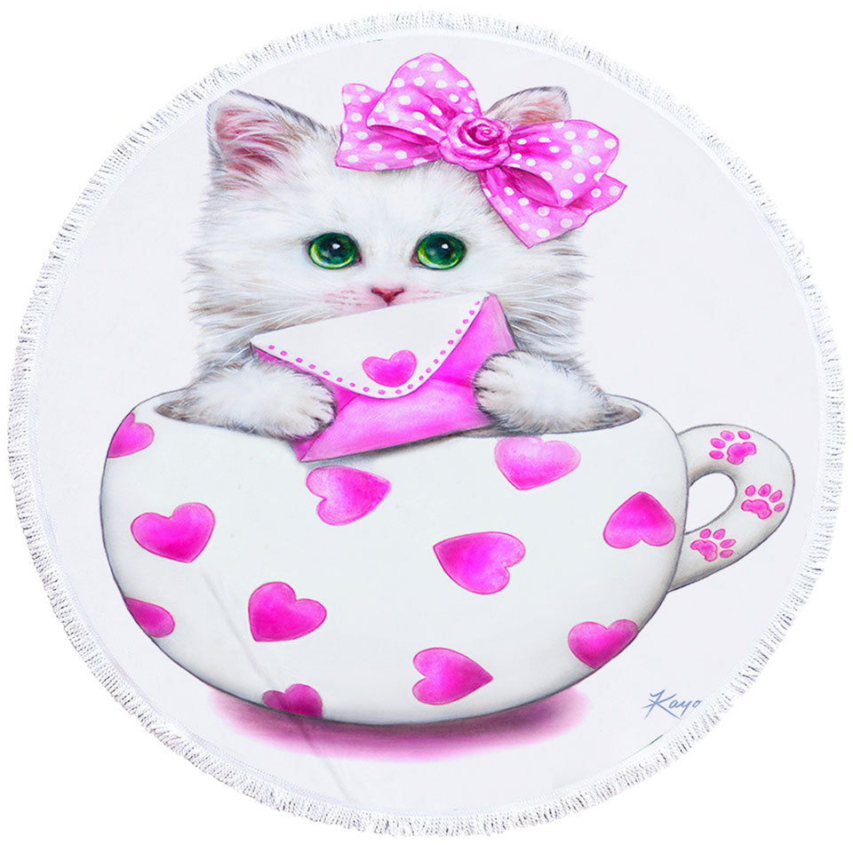 Girly Unique Beach Towels Cat Art Drawings the Hearts Cup Kitty