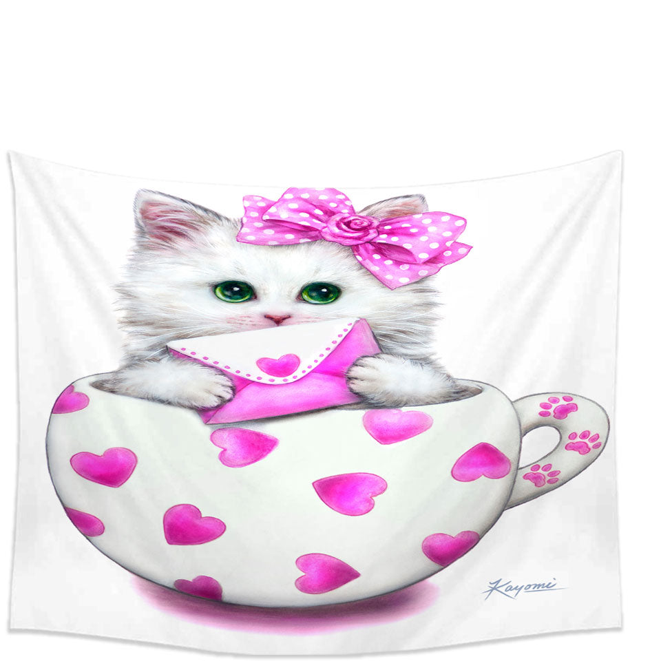 Girly Wall Decor Cat Art Drawings the Hearts Cup Kitty Tapestry