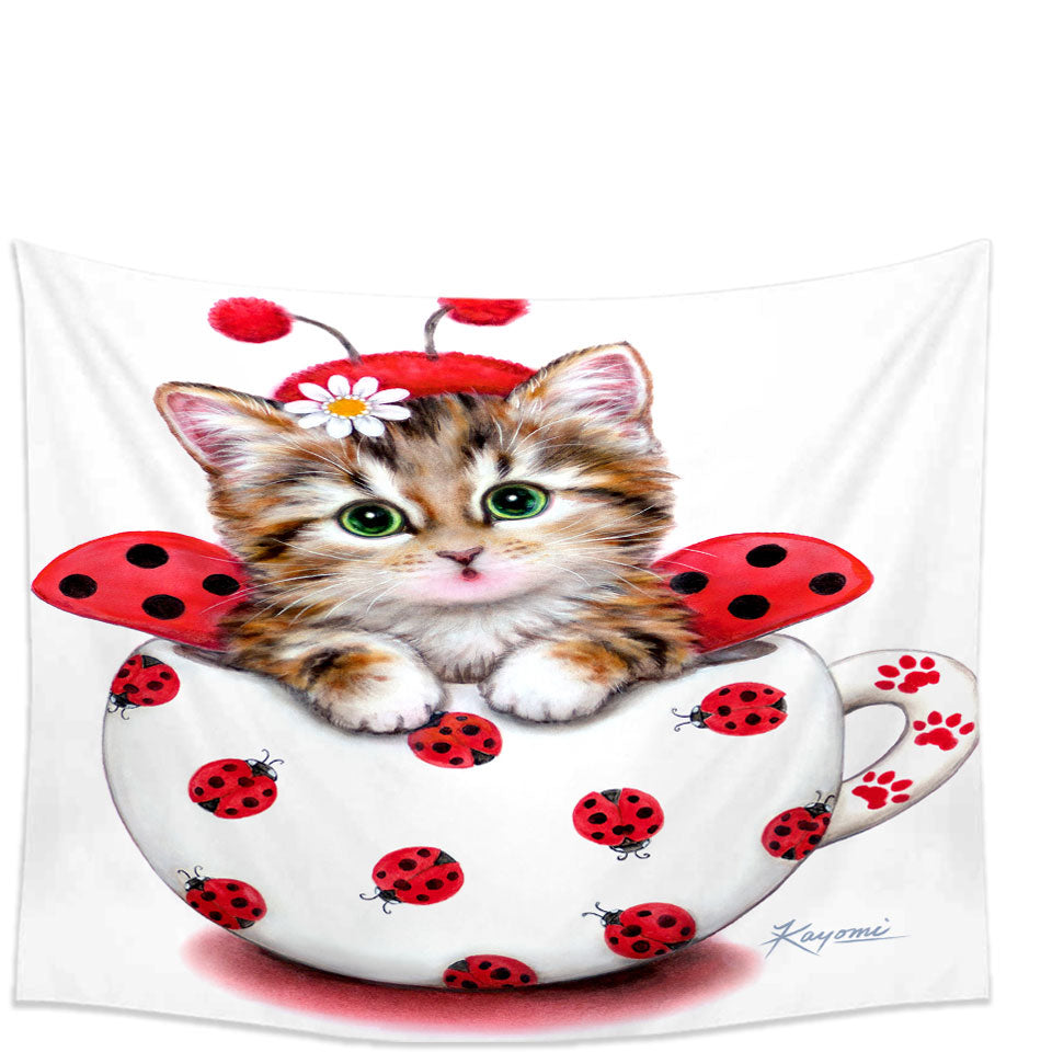 Girly Wall Decor with Cat Art Drawings the Cup Kitty Lady Bug Tapestry