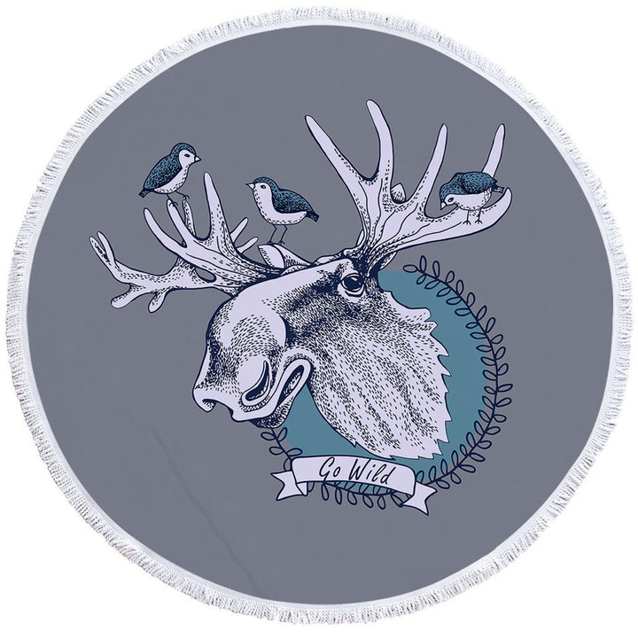 Go Wild Moose and Birds Round Beach Towel