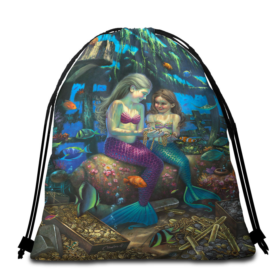 Gold Treasure Girls Mermaids Angel Beach Towel Bags