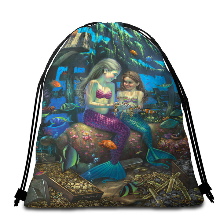 Gold Treasure Girls Mermaids Angel Beach Towel Bags