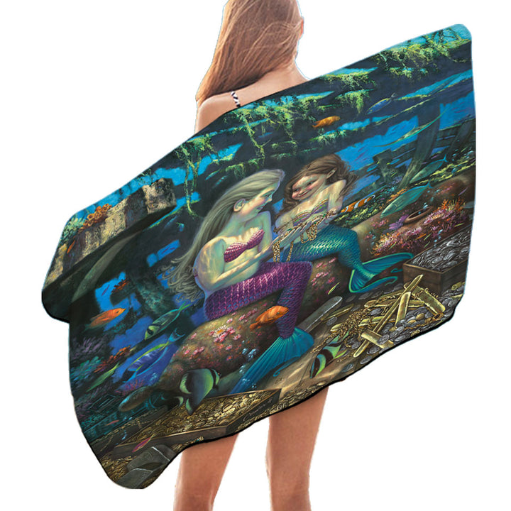 Gold Treasure Girls Mermaids Angel Beach Towels