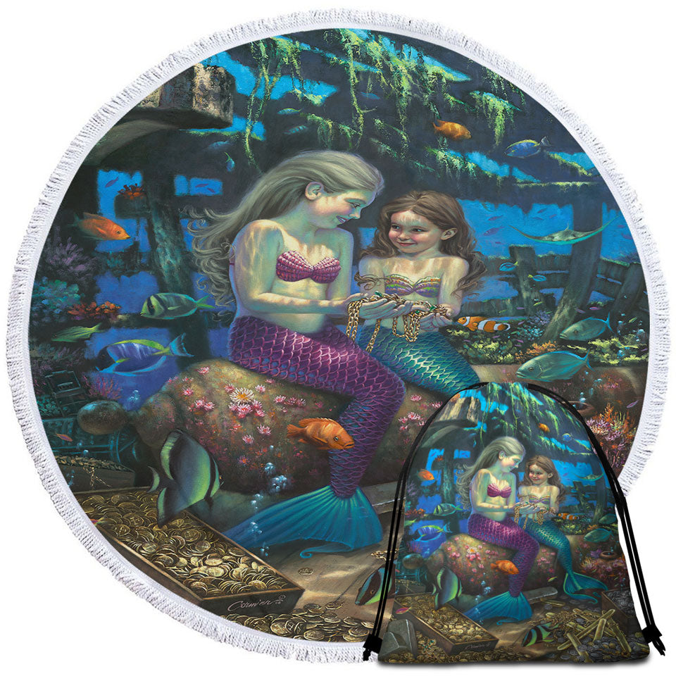 Gold Treasure Girls Mermaids Angel Round Beach Towel
