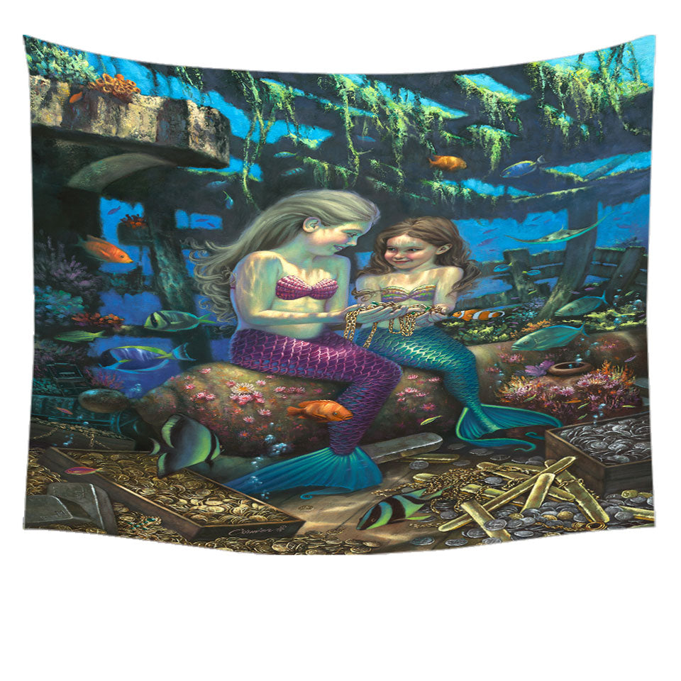 Gold Treasure Girls Mermaids Angel Tapestry