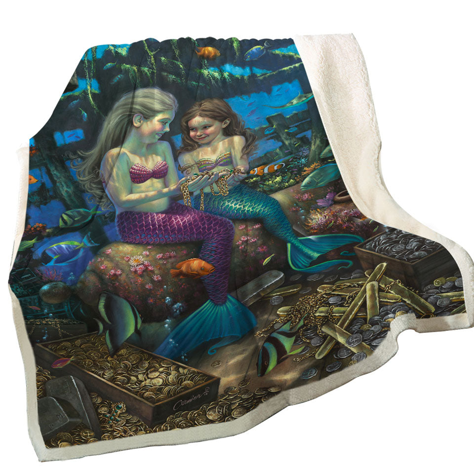 Gold Treasure Girls Mermaids Angel Throw Blanket
