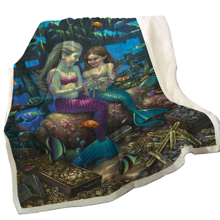 Gold Treasure Girls Mermaids Angel Throw Blanket
