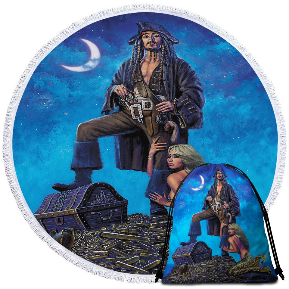 Gold Treasure Pirate and Mermaid Round Beach Towel