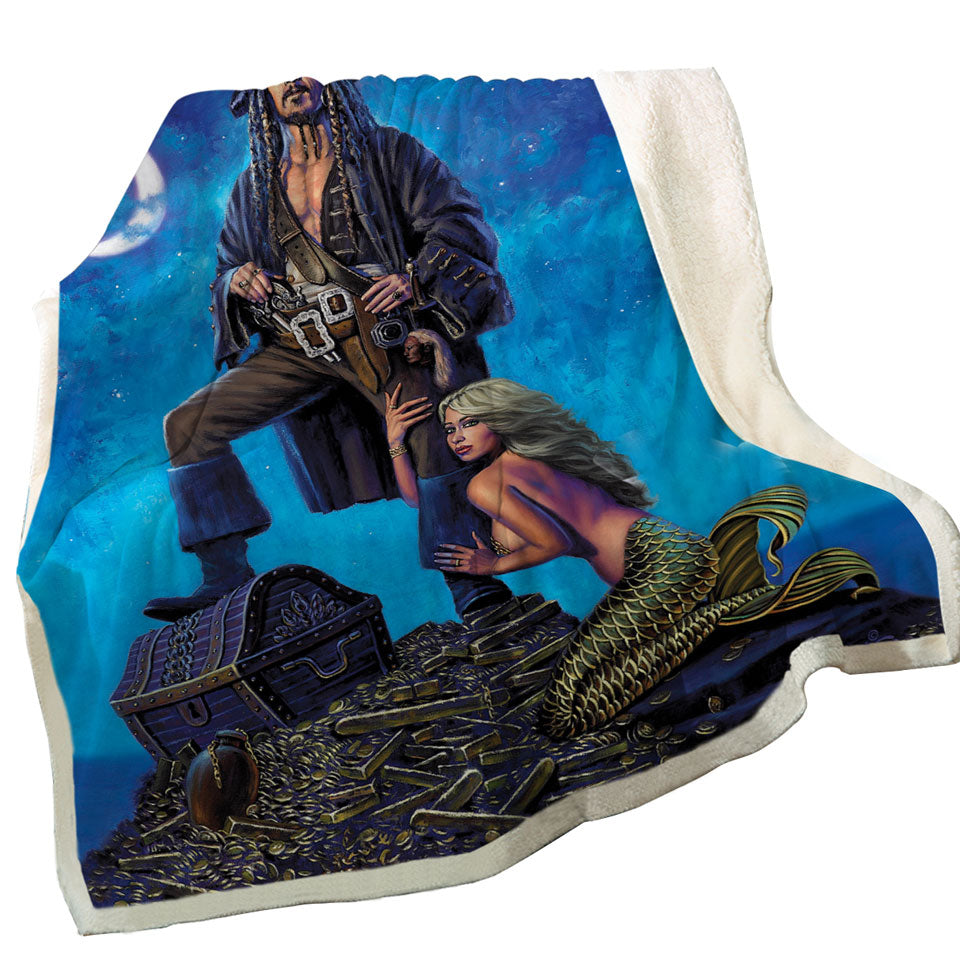 Gold Treasure Pirate and Mermaid Throw Blanket