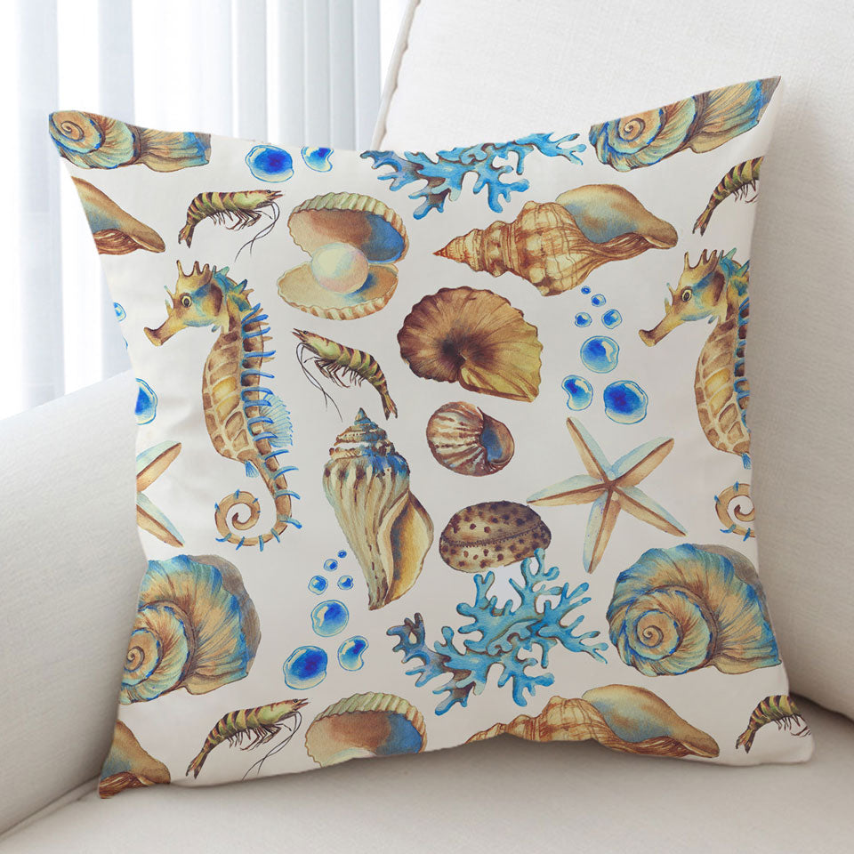 Golden Blue Seashells Cushion Covers