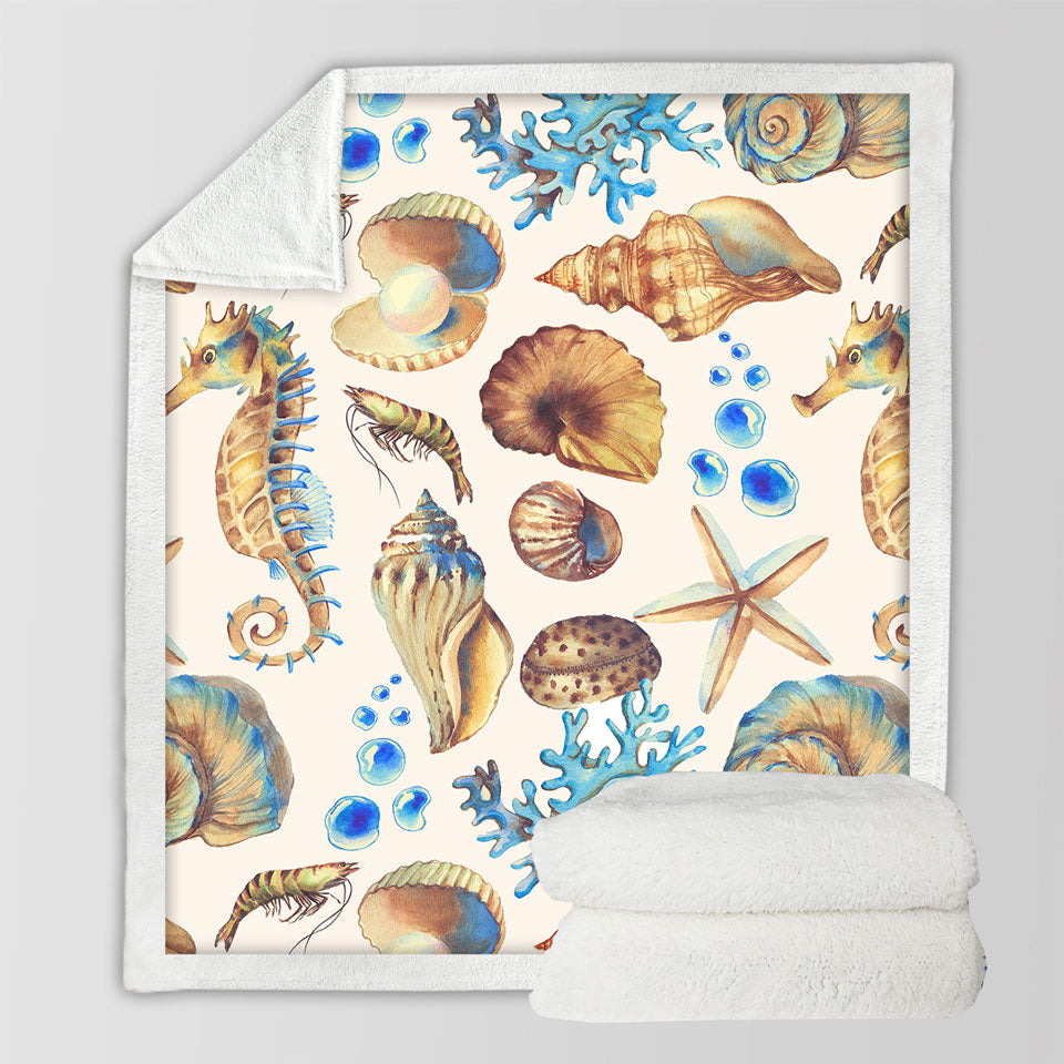 Golden Blue Seashells Fleece Blankets