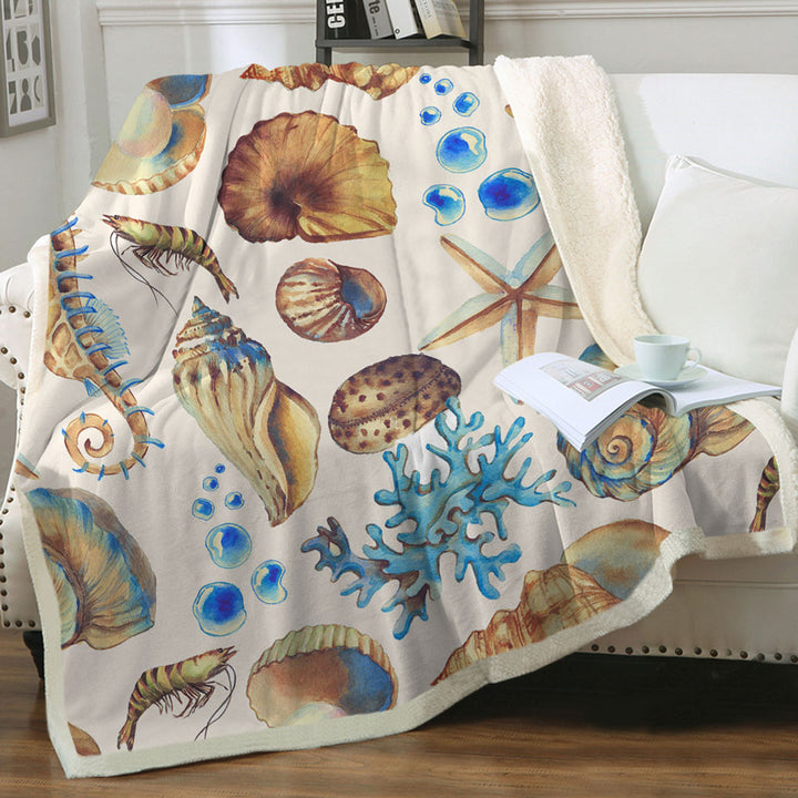 Golden Blue Seashells Throw Blanket