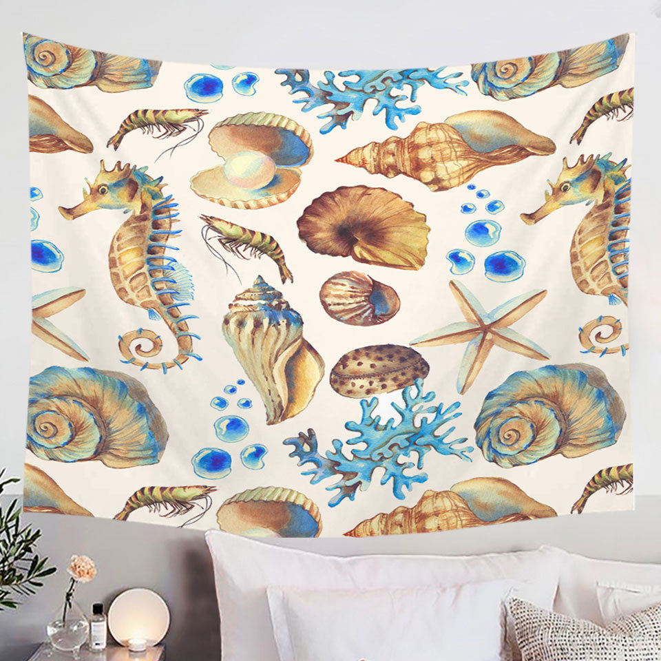 Golden Blue Seashells Wall Decor Tapestry