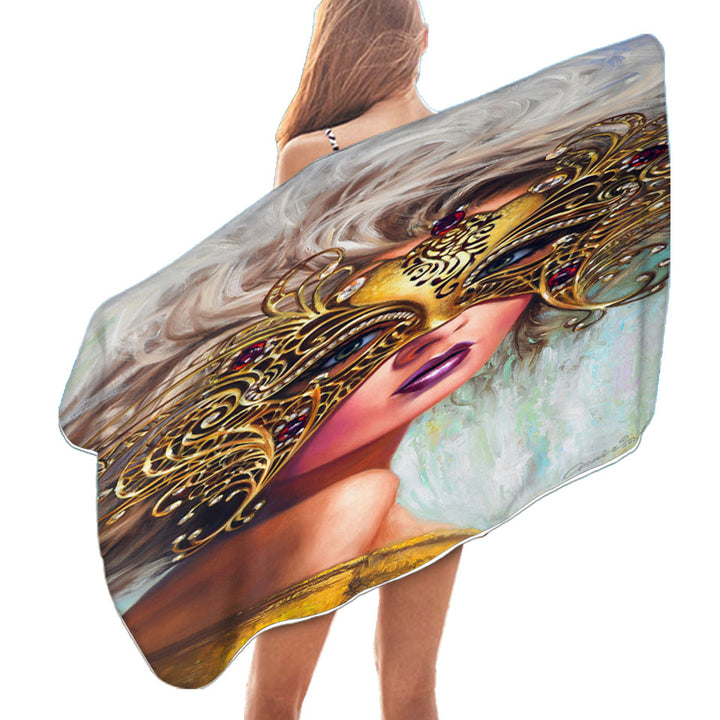 Golden Mask Beautiful Blond Woman Beach Towels for Swim