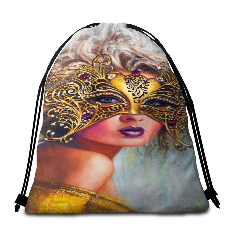 Golden Mask Beautiful Blond Woman Packable Beach Towel