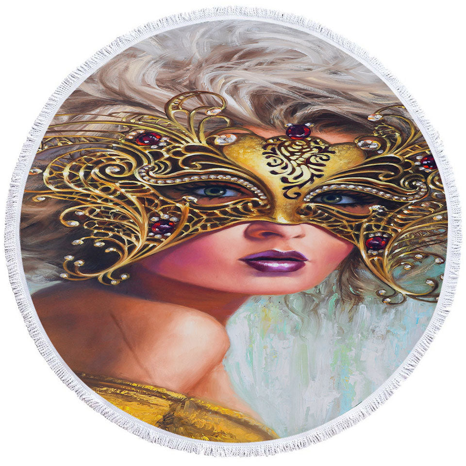 Golden Mask Beautiful Blond Woman Round Beach Towel