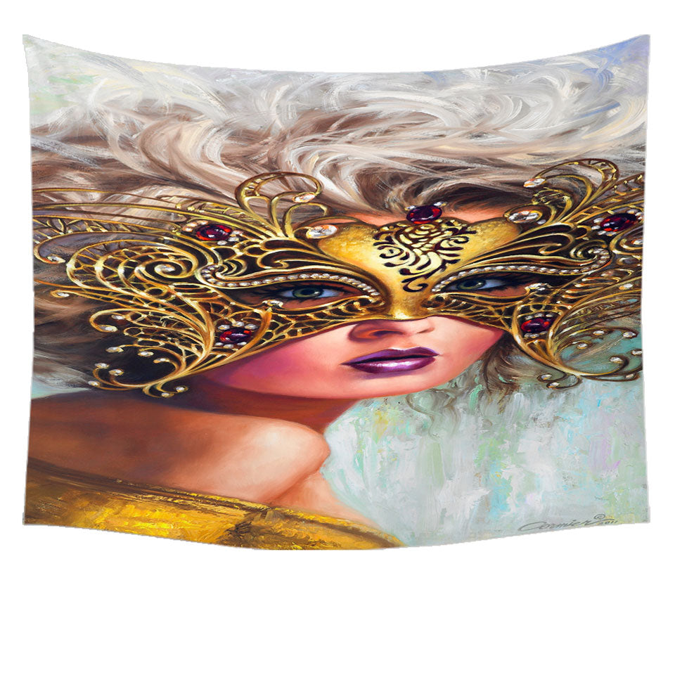 Golden Mask Beautiful Blond Woman Tapestry Wall Art Prints