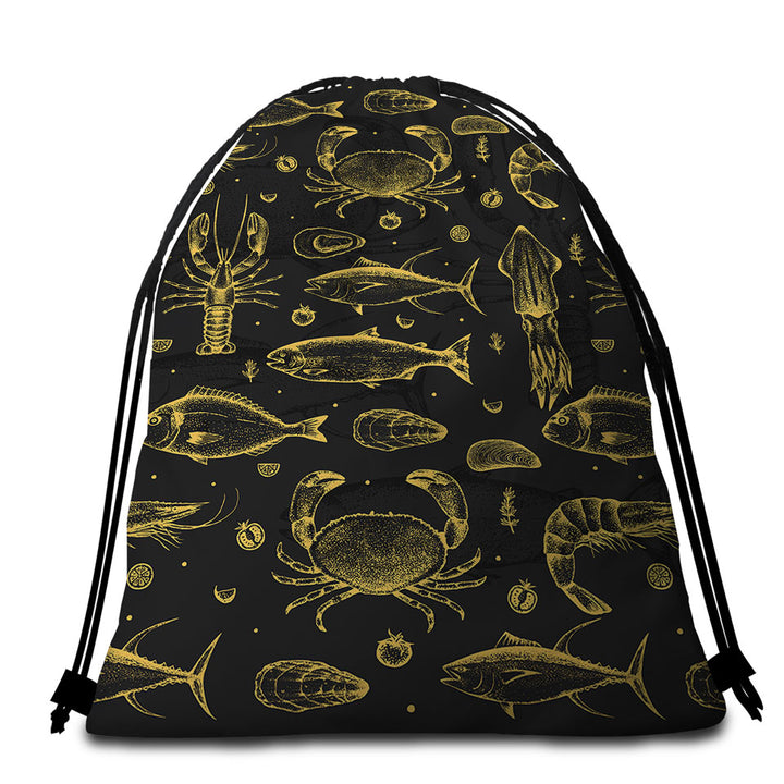 Golden Seafood Fish Crab and Squid Beach Towel Bags
