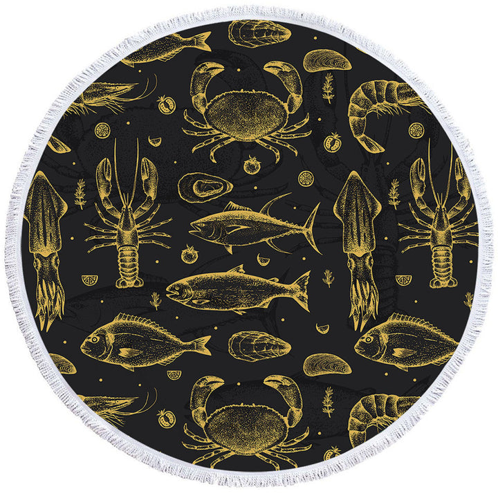 Golden Seafood Round Beach Towel Fish Crab and Squid