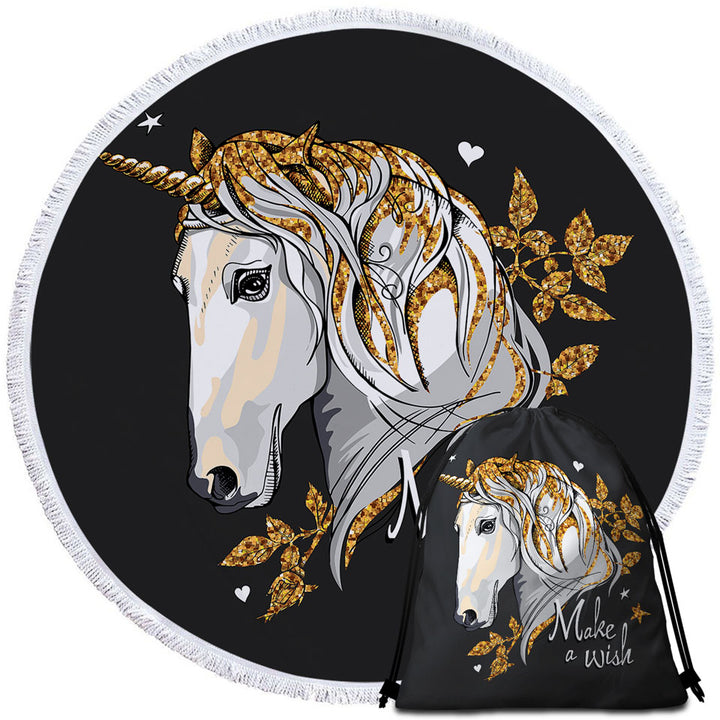 Golden Unicorn Round Beach Towel for Girls