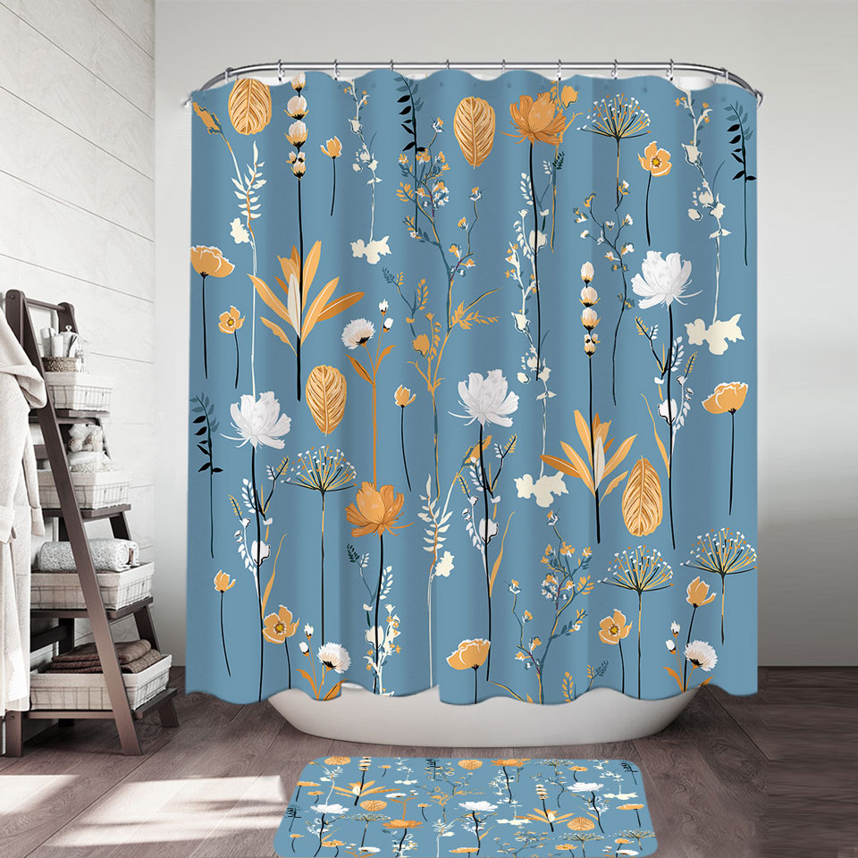 Golden White Shower Curtains of Flower Garden