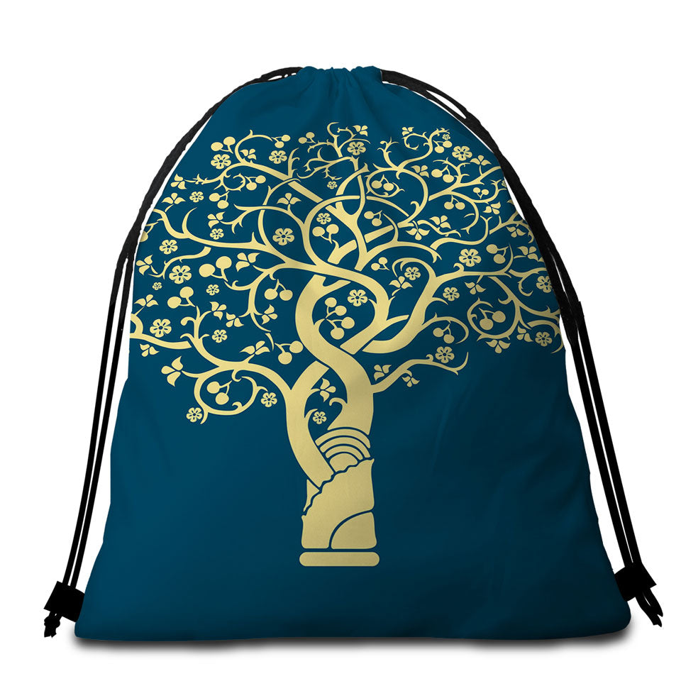 Golden Yellow Tree over Blue Beach Bags and Towels