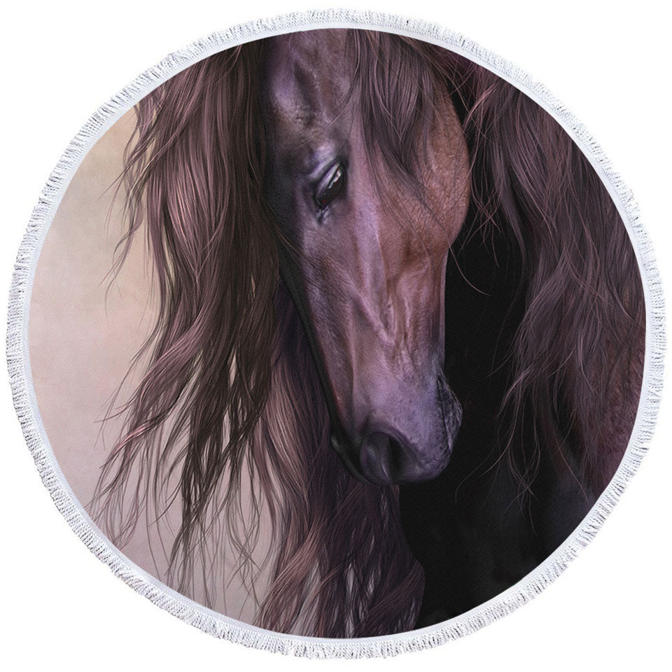 Gorgeous Long Haired Brown Horse Round Towel