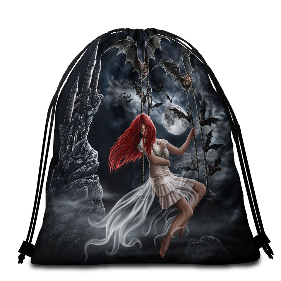Gothic Beach Bags and Towels Night Art Draculas Bride Redhead Girl and Bats