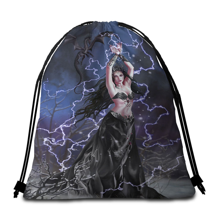 Gothic Beach Towel Bags Fantasy Art Dark Woman with her Dragon