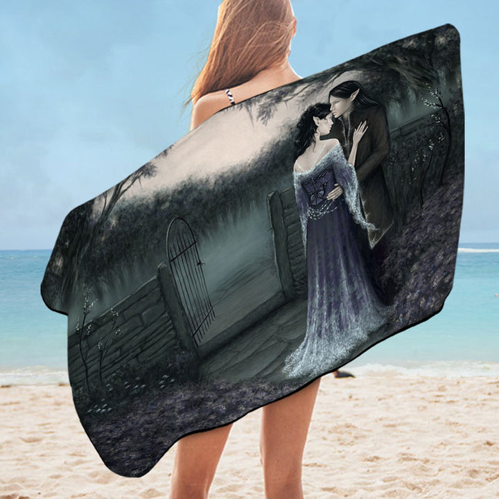 Gothic Beach Towels Fantasy Art Dark Garden of Two Elf Lovers