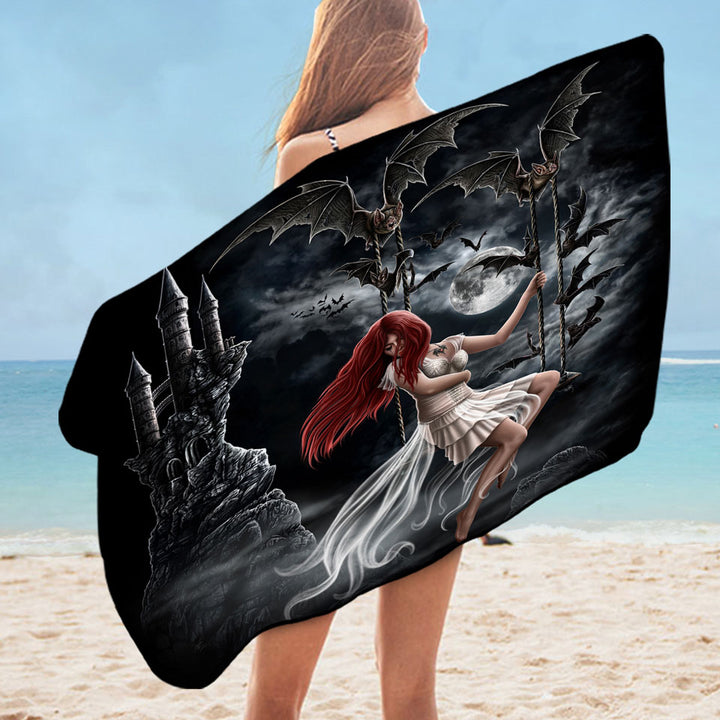 Gothic Beach Towels Night Art Draculas Bride Redhead Girl and Bats