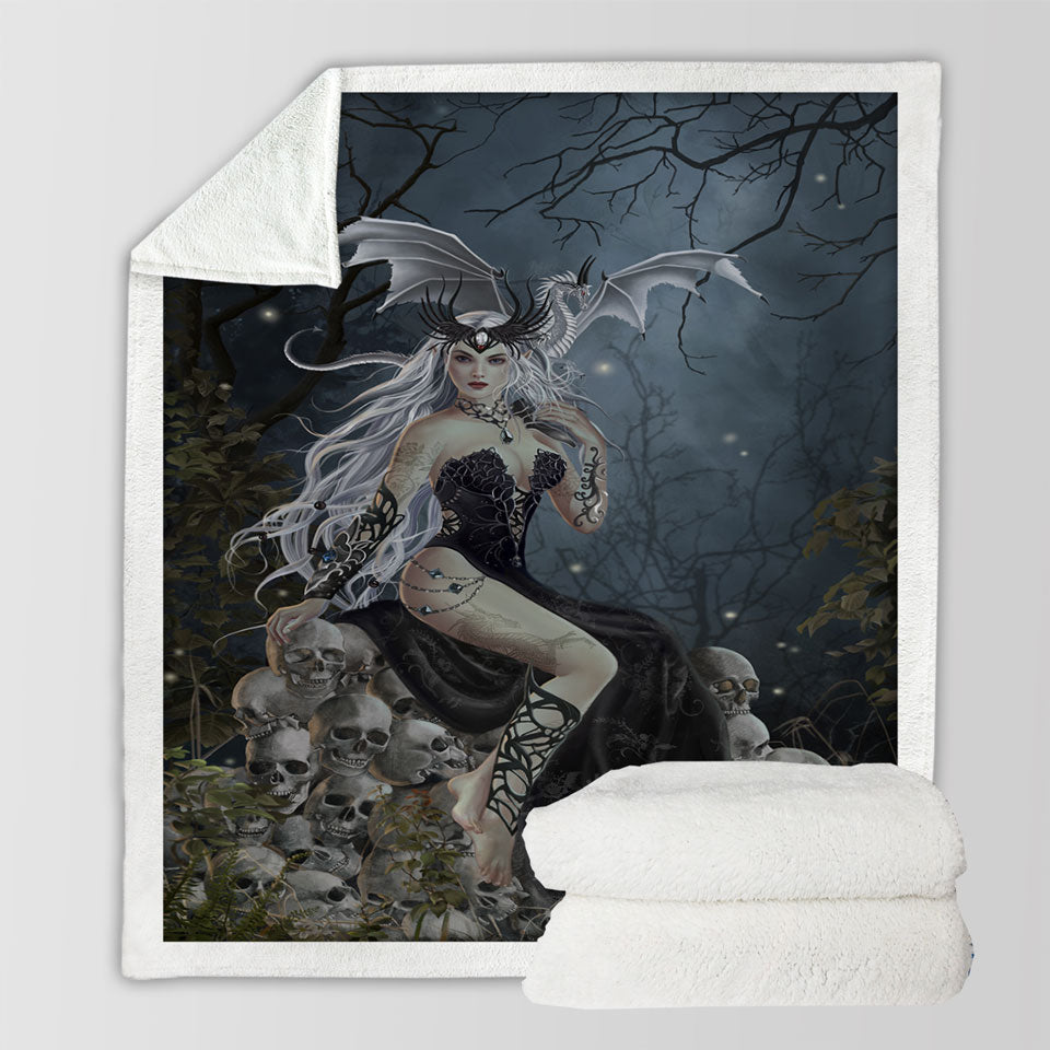 products/Gothic-Blankets-Fantasy-Art-the-Mad-Queen-Dragon-and-Skulls