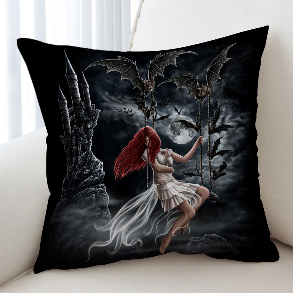 Gothic Cushion Cover Night Art Draculas Bride Redhead Girl and Bats