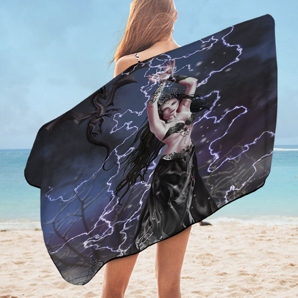 Gothic Lightweight Beach Towel Fantasy Art Dark Woman with her Dragon