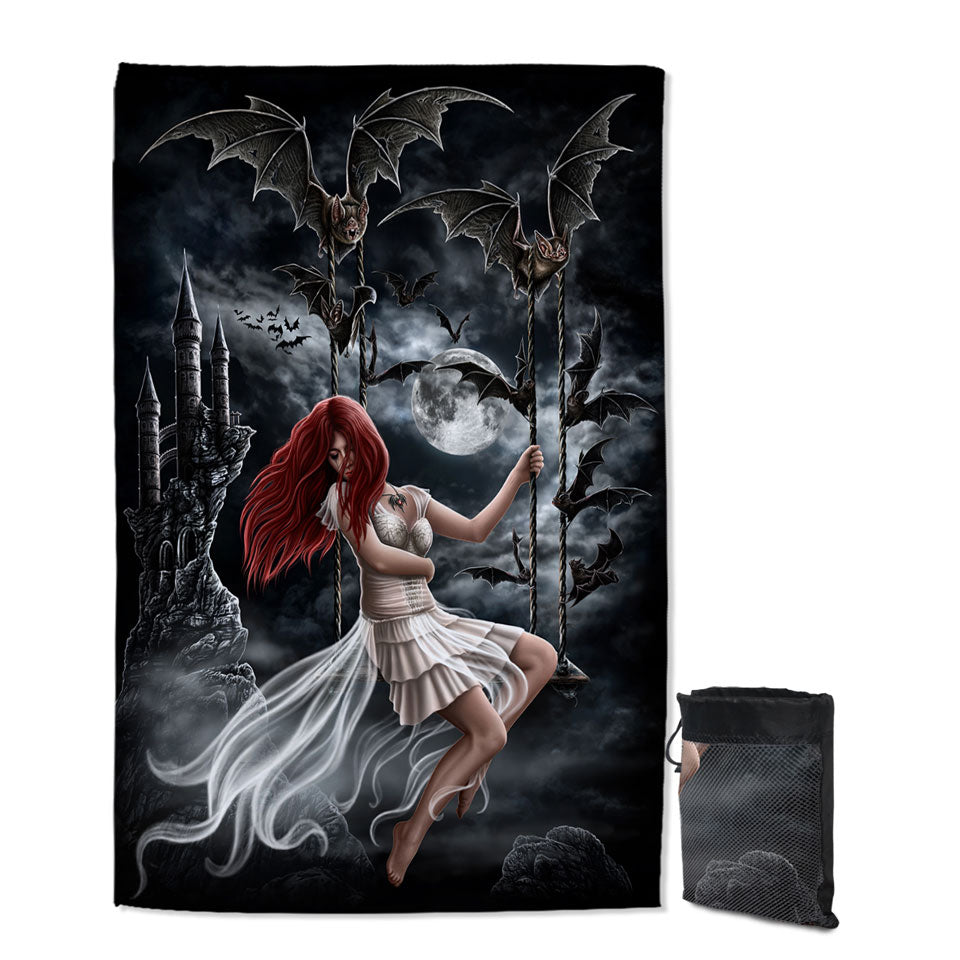 Gothic Lightweight Beach Towel Night Art Draculas Bride Redhead Girl and Bats