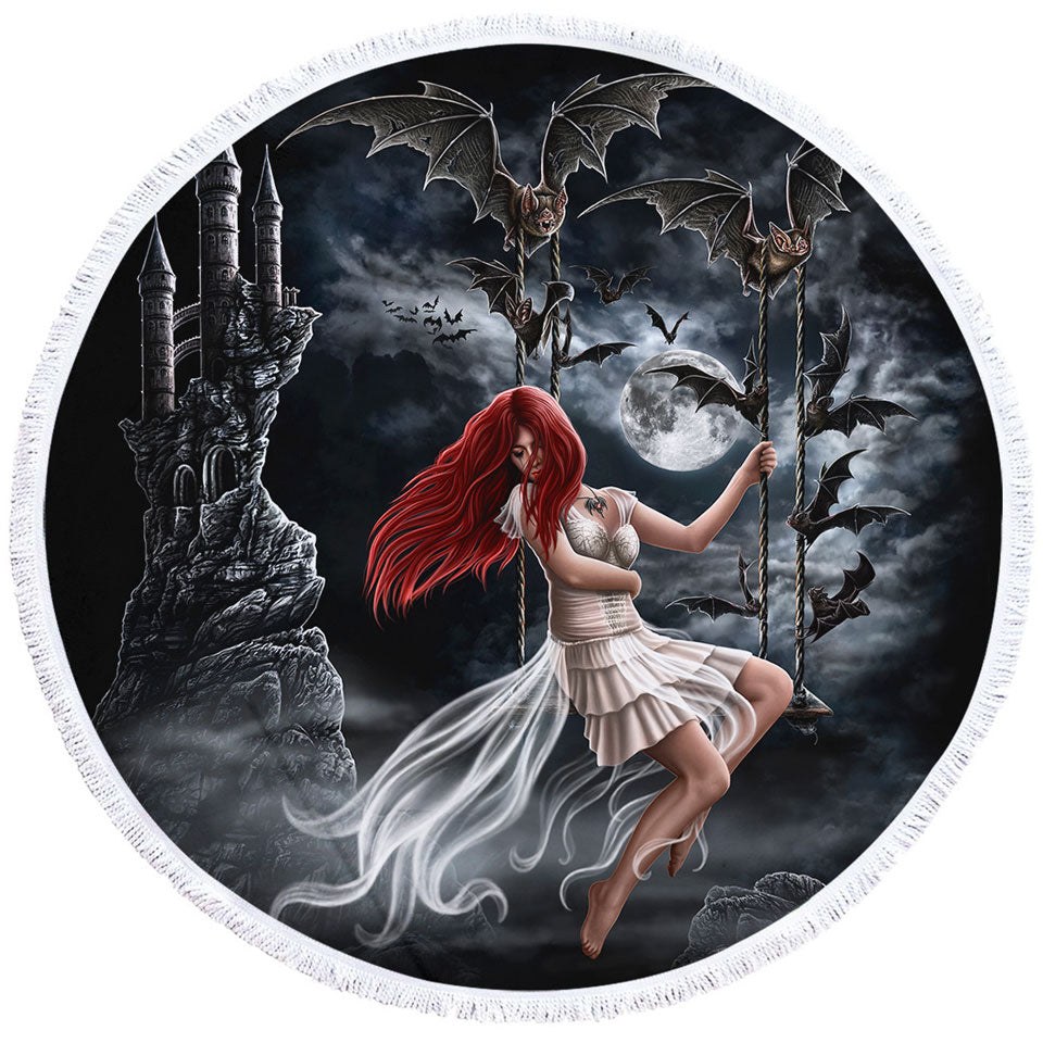 Gothic Round Beach Towel Night Art Draculas Bride Redhead Girl and Bats