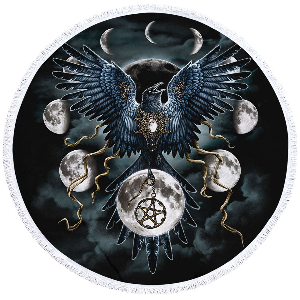 Gothic Round Beach Towels Art Sinister Wings Moon Night Crow