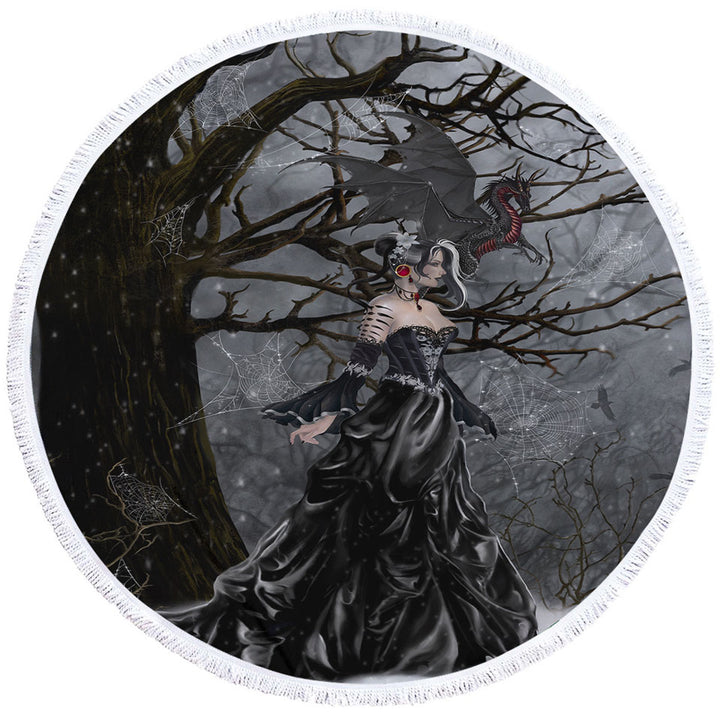 Gothic Round Beach Towels Fantasy Art Dragon and Queen of Shadows