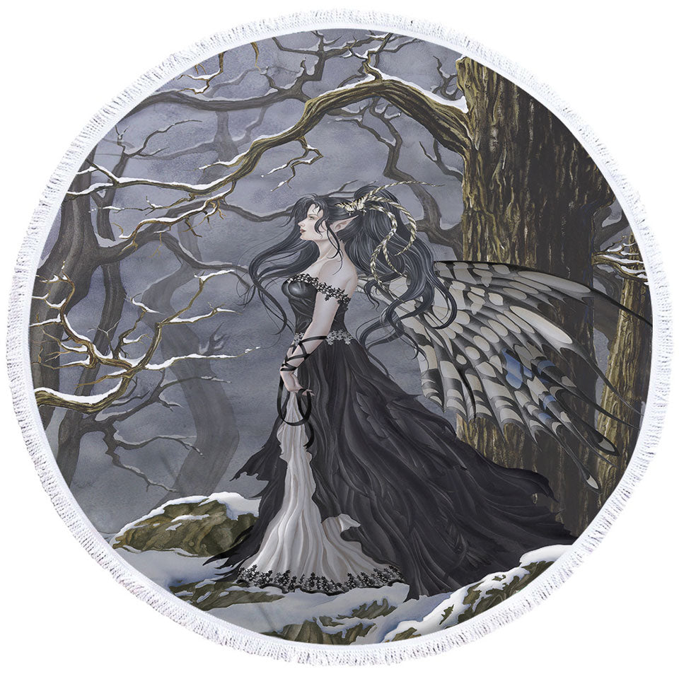 Gothic Round Beach Towels Hope Fantasy Artwork of the Winter Forest Fairy