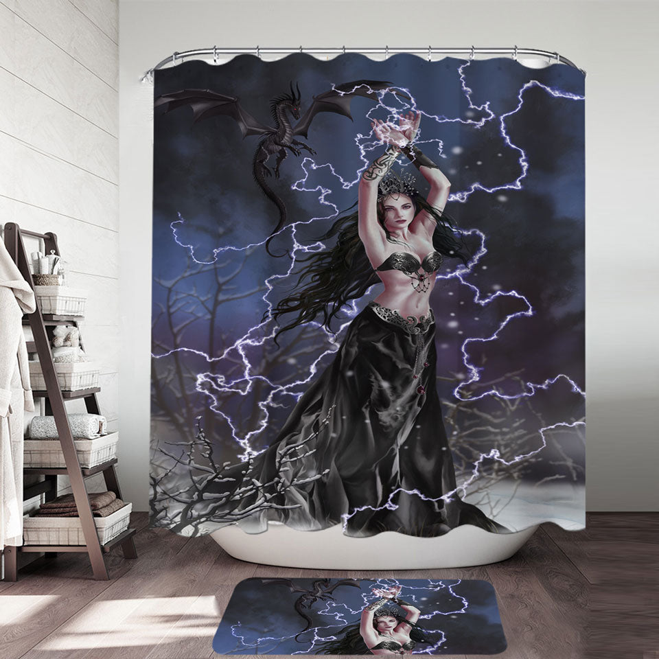 Gothic Shower Curtain Fantasy Art Dark Woman with her Dragon