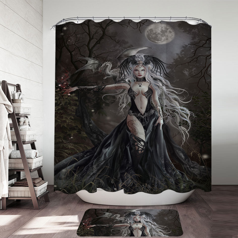 Gothic Shower Curtain with Fantasy Art My Queen of Havoc and Dragon