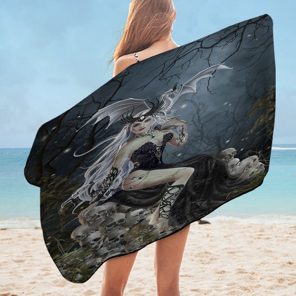 Gothic Swims Towel Fantasy Art the Mad Queen Dragon and Skulls