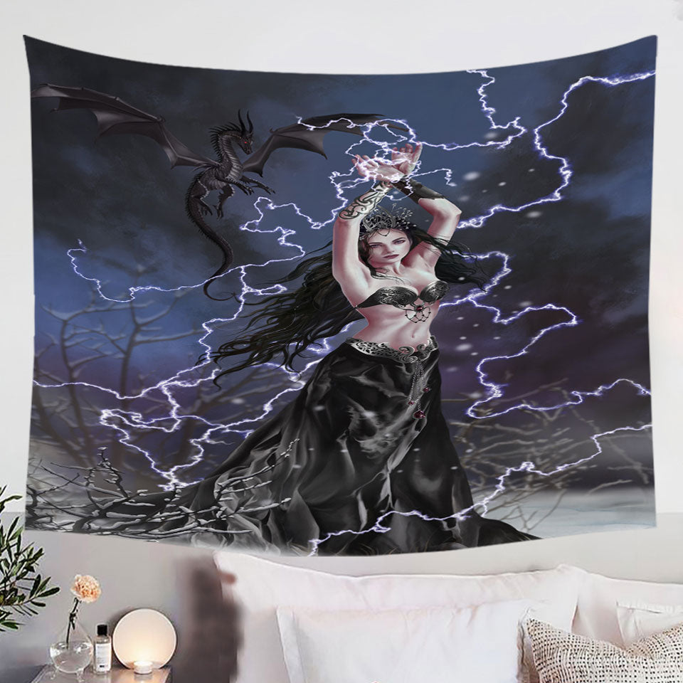 Gothic-Tapestry-Wall-Decor-Fantasy-Art-Dark-Woman-with-her-Dragon