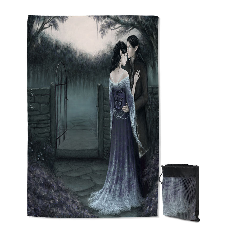 Gothic Thin Beach Towels Fantasy Art Dark Garden of Two Elf Lovers