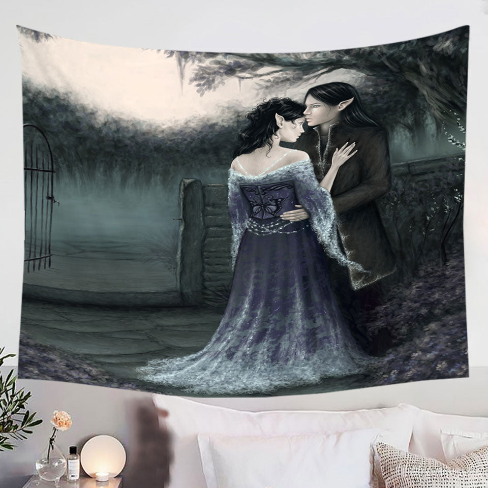 Gothic-Wall-Decor-Tapestries-Fantasy-Art-Dark-Garden-of-Two-Elf-Lovers